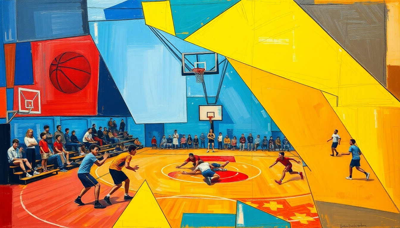 A cubist, geometric painting depicting the dynamic movements and energy of high school sports, with overlapping planes of color and form representing the various athletic competitions.