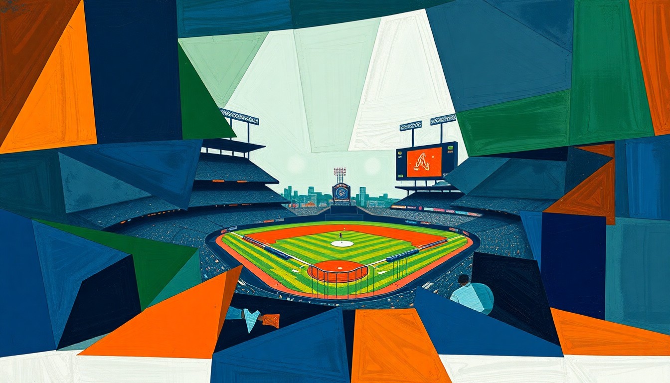 A fragmented, geometric painting depicting a baseball game in motion, with sharp planes of navy, green, and orange conveying the Padres' recent winning ways.