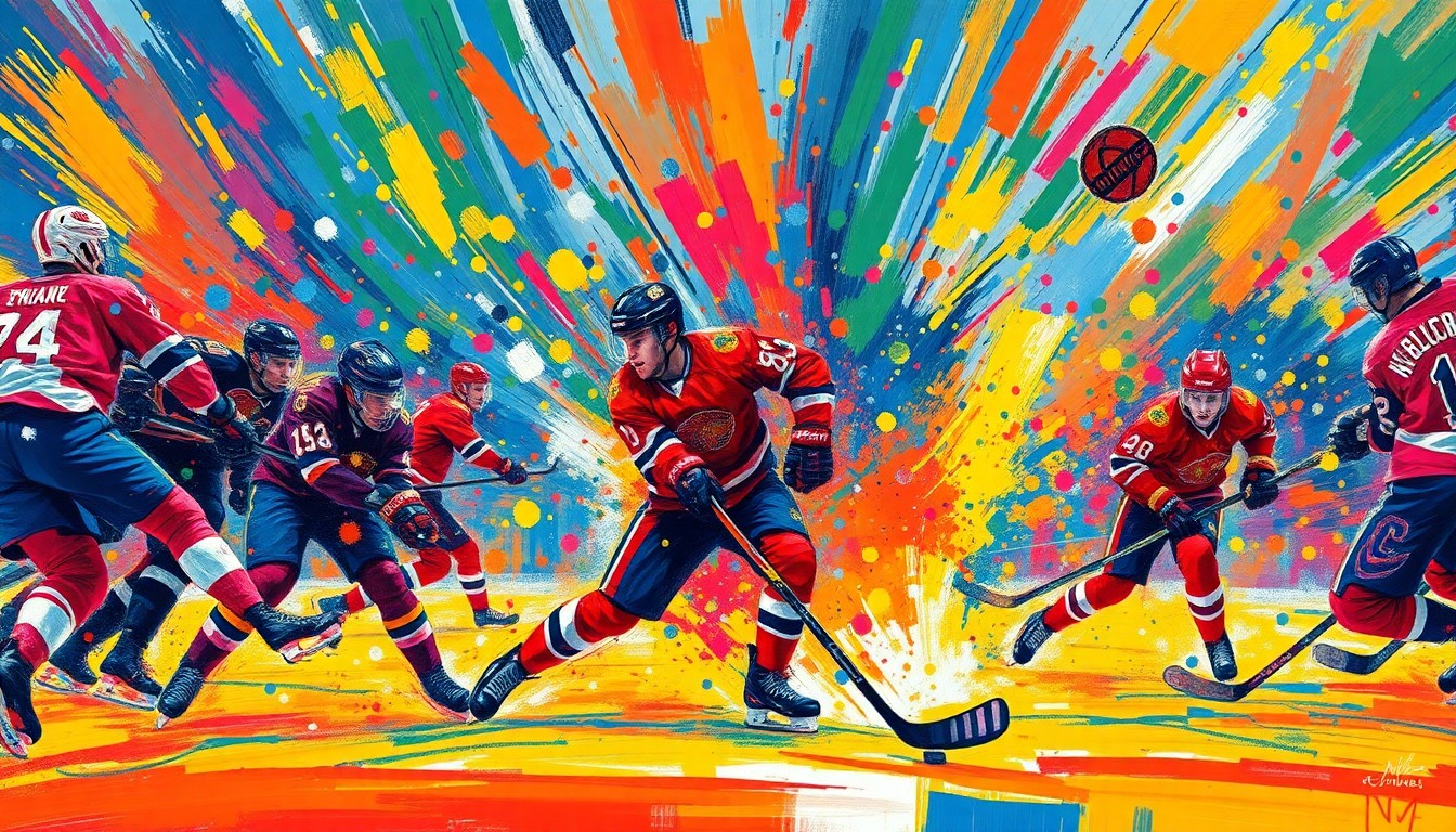 An abstract, energetic painting in vibrant neon colors, with indistinct hockey player figures blending into the dynamic brushstrokes, conveying the intense action and emotion of the game.
