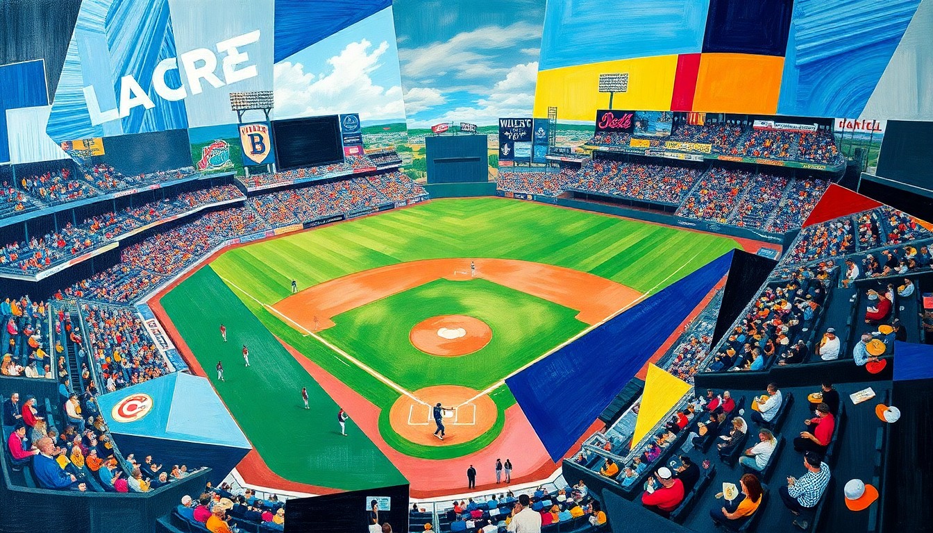 A fractured, geometric painting depicting the dynamic movements and competing perspectives of a college baseball game, with players, field, and stadium rendered in an abstract cubist style.