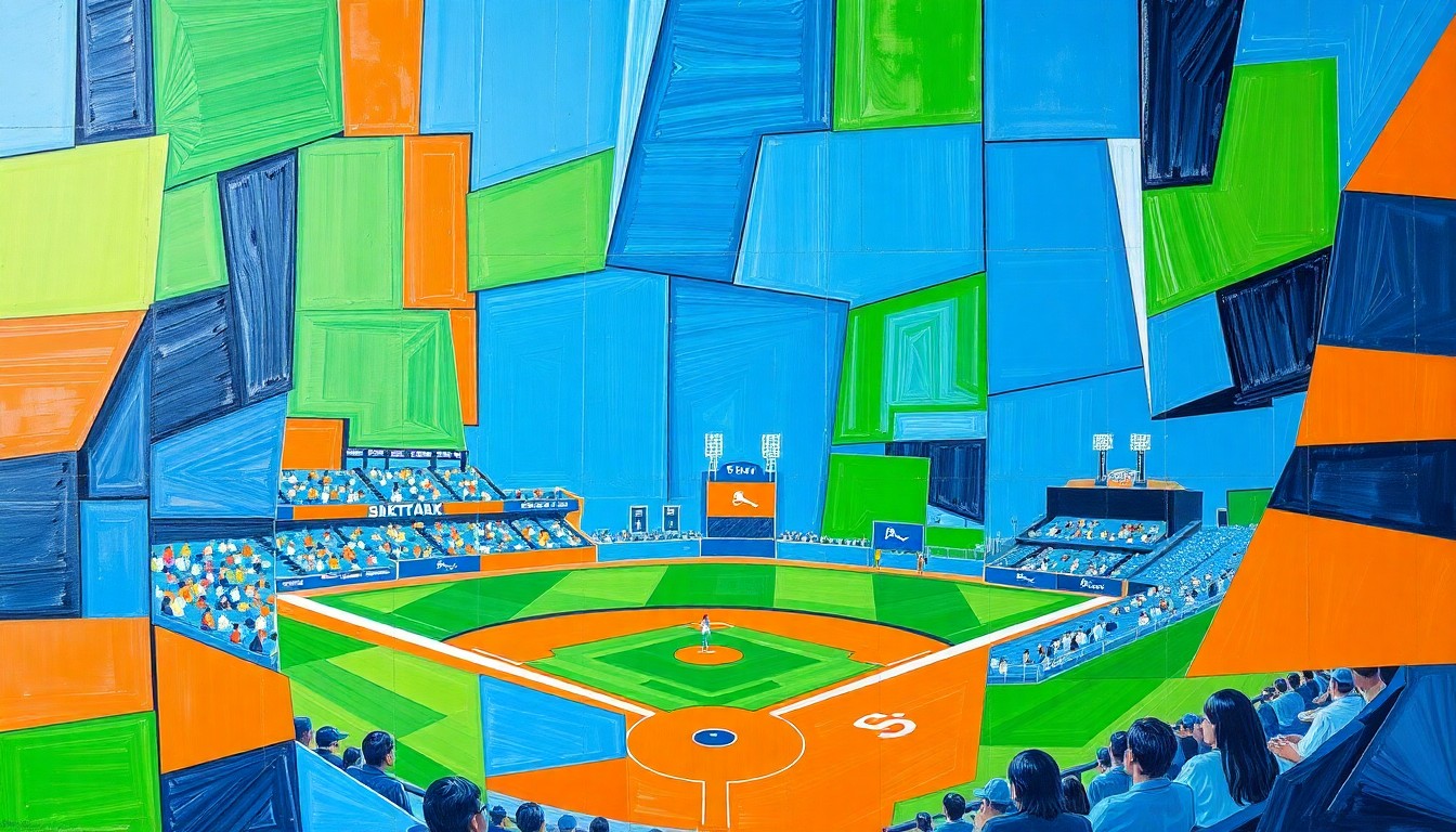 A cubist-style painting depicting a high school baseball game, with the players and field broken down into sharp, overlapping geometric shapes in vibrant colors, conveying the competitive energy and drama of the close conference matchup.