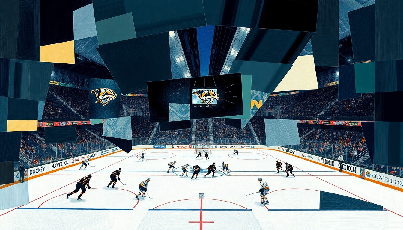 A cubist-style painting depicting a hockey game, with the players and action broken down into overlapping geometric shapes and planes in a vibrant color palette of navy, gold, and white.