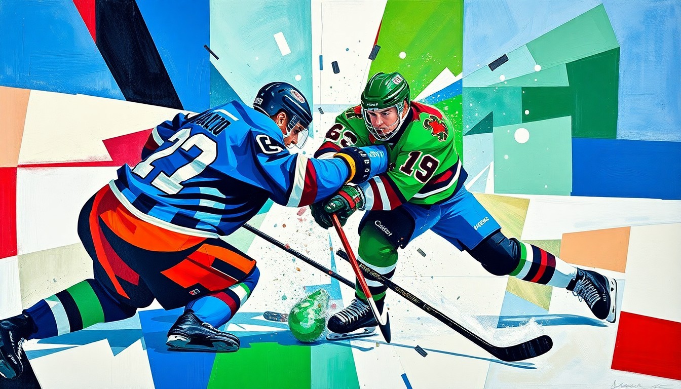 A fragmented, geometric painting in bold colors depicting the dynamic movement and physical impact of a hockey collision, conveying the energy and intensity of the game.