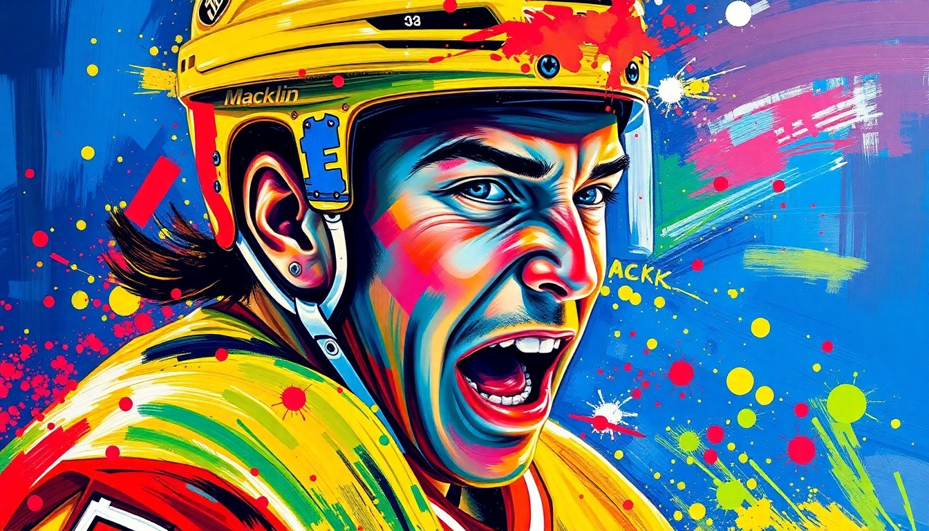 An abstract, energetic painting featuring bold brushstrokes in neon colors, capturing the dynamic movement and skill of a hockey player in action.