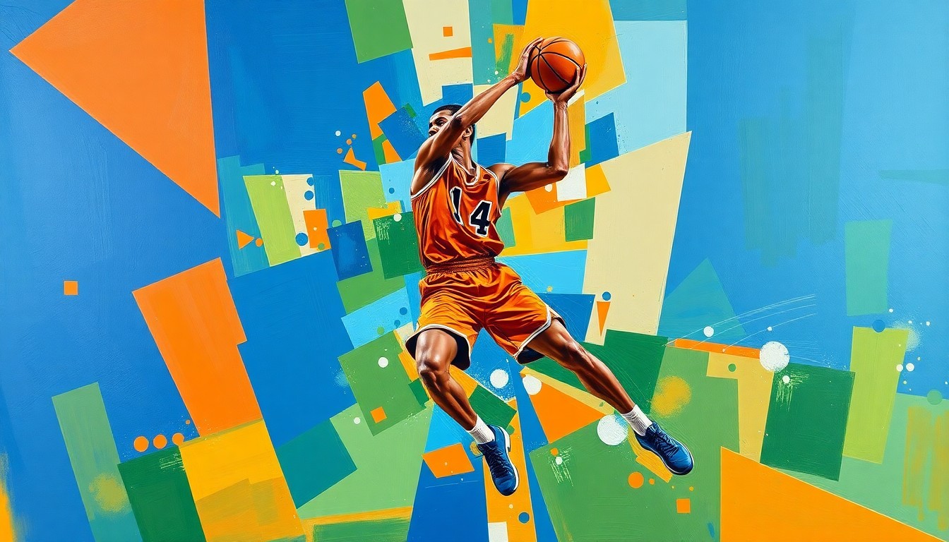A fragmented, geometric painting in bold colors depicting the fluid movements and actions of a basketball player, conveying the dynamic nature of the sport.