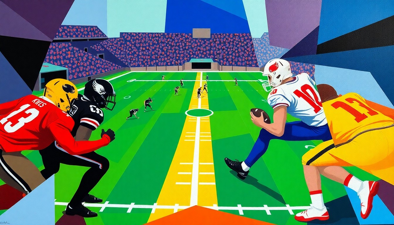 A cubist, geometric painting depicting a football game, with the players and field reduced to angular, overlapping shapes in the official team colors of the Louisville Kings and Houston Gamblers.