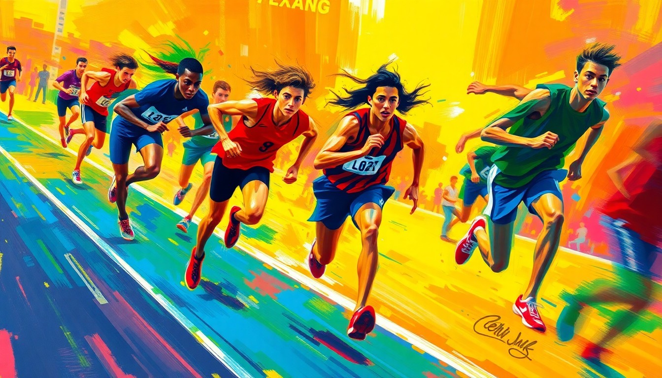 An abstract, energetic painting in bold neon colors, with rapid brushstrokes conveying the dynamic motion and competitive spirit of a high school track and field event.