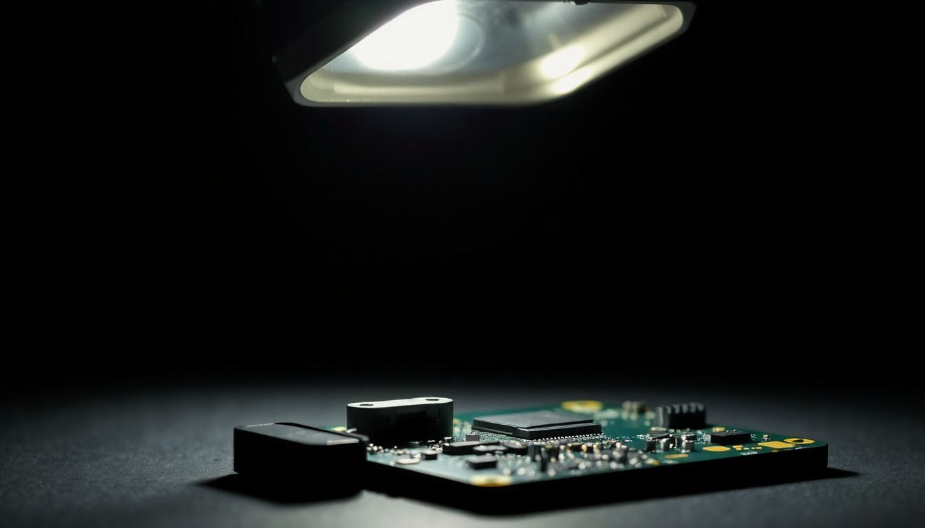 An extreme close-up photograph of a partially disassembled electronic device, such as a circuit board or sensor, lit by a harsh, direct camera flash against a pitch-black background. The image conveys a sense of investigation and the technical nature of the evidence, without depicting any actual violence or victims.