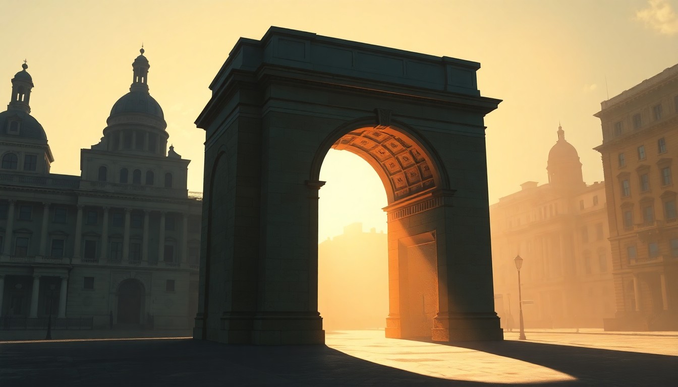 A serene, cinematic painting depicting a large stone arch structure standing alone in the warm, golden light of the day, its imposing presence casting long shadows across the surrounding historic buildings, conveying a sense of contemplation and the weight of political decisions.