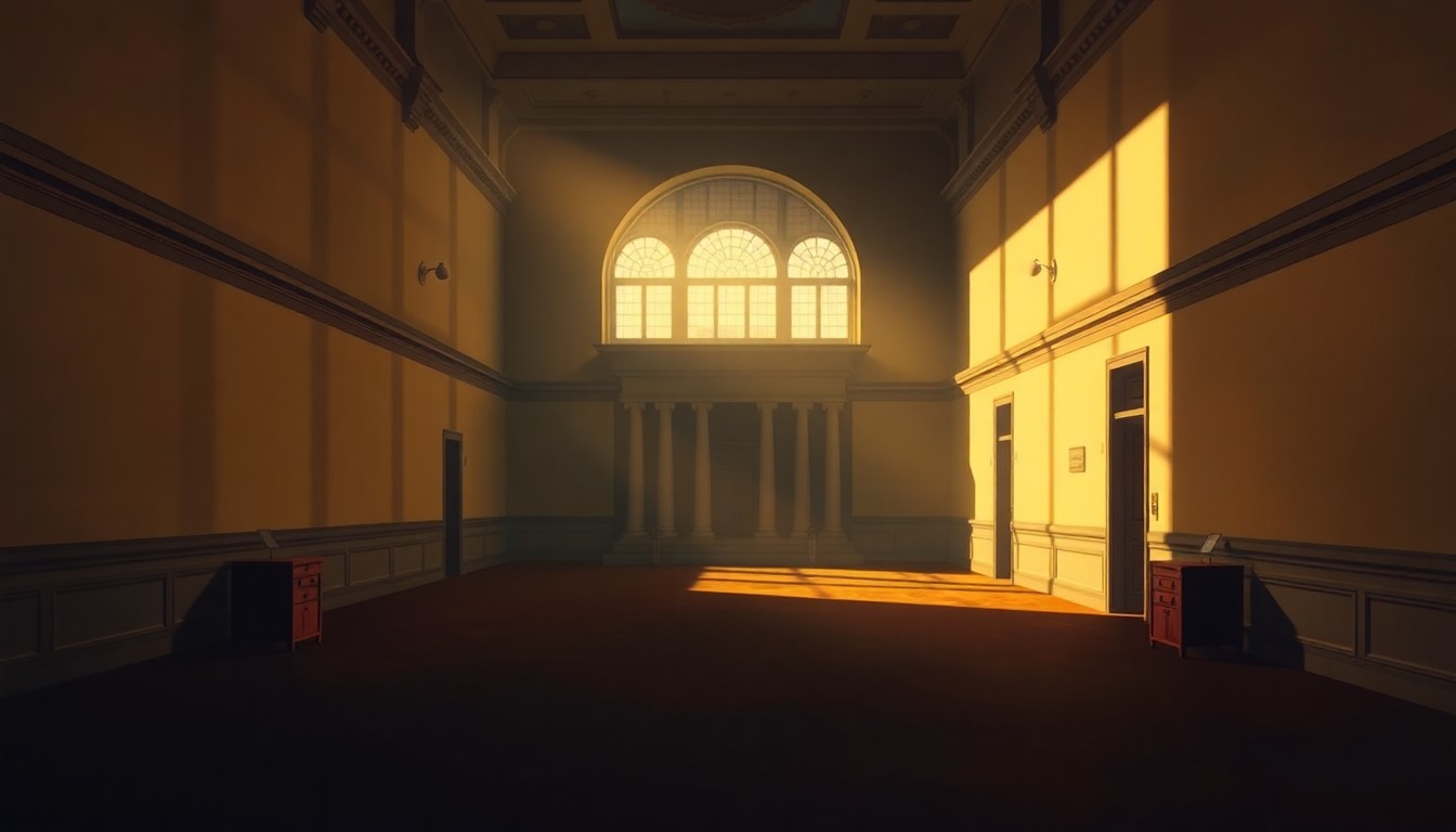 A dimly lit, cinematic painting of an empty government office or political chamber, with warm light streaming in through the windows and deep shadows cast across the room, conveying a sense of quiet contemplation and the weight of diplomatic negotiations.