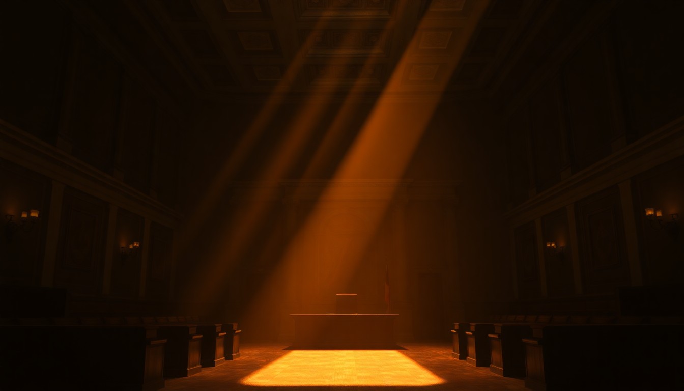 A moody, realistic painting of an empty government building or legislative chamber, with warm light streaming through the windows and deep shadows cast across the interior, conveying a sense of political tension and solemnity.
