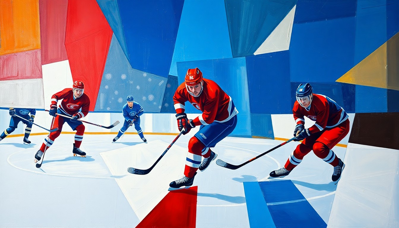 A fractured, multi-perspective painting depicting a hockey game, with the players' figures abstracted into angular, intersecting shapes in a vibrant color palette of royal blue, crimson red, and metallic silver.