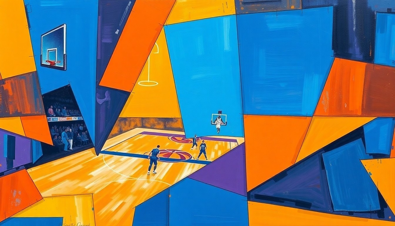 A fractured, multi-perspective painting featuring sharp, overlapping geometric planes in vibrant colors like electric blue, fiery orange, and deep purple, conceptually representing the dynamic nature of a basketball game or match.