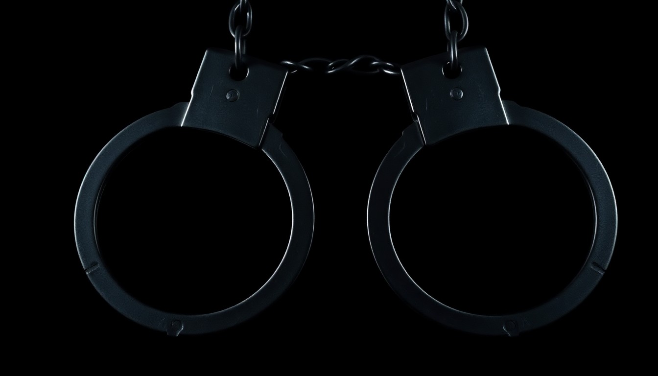 An extreme close-up of a pair of metal handcuffs against a pitch-black background, creating a stark, gritty, investigative visual metaphor for the arrest of a suspect in an online child exploitation case.