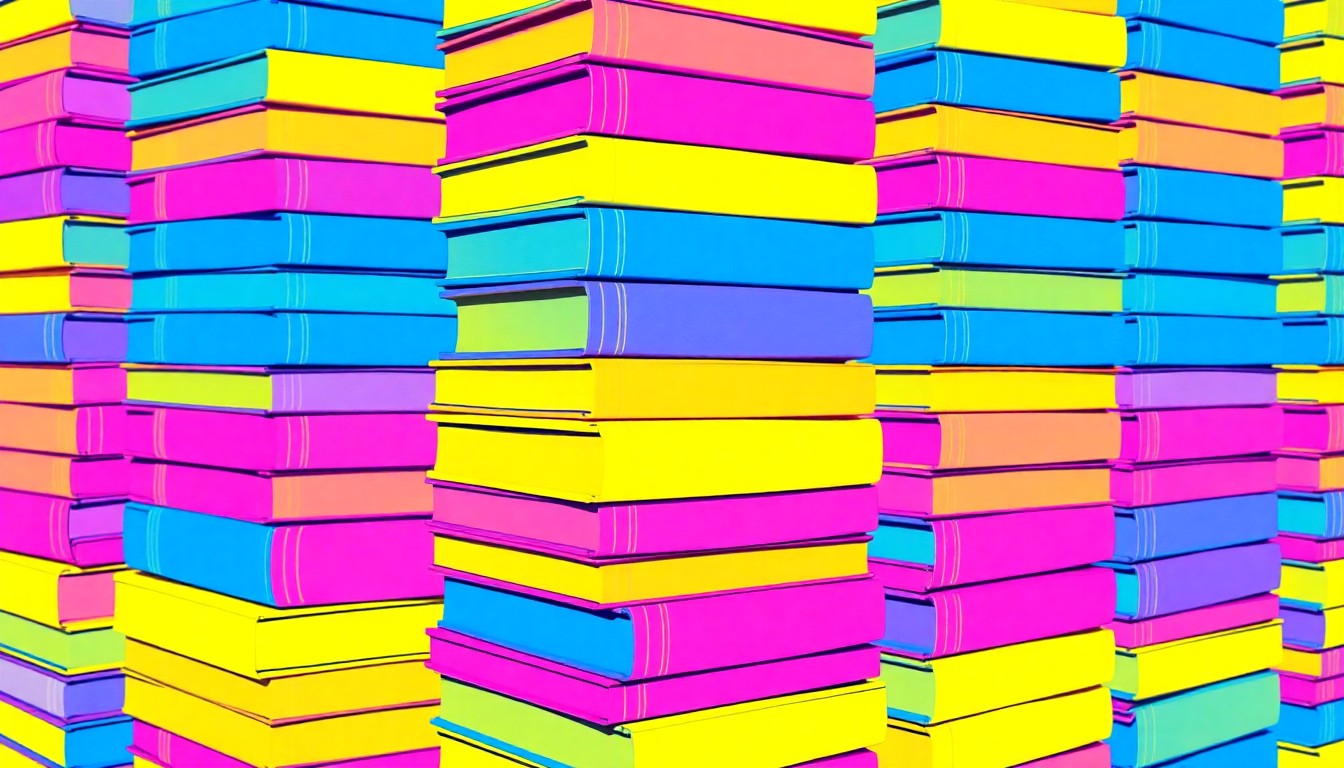A boldly colored, abstract grid of textbooks in bright neon shades, conceptually representing the diverse ideas and priorities of the candidates for California's top education role.