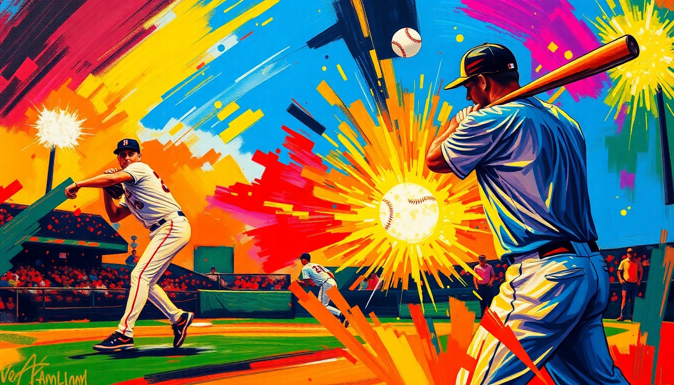 An abstract, energetic painting featuring bold, neon-colored brushstrokes depicting the dynamic motion of a baseball pitcher, batter, and ball, conveying the raw excitement and intensity of the Rockies' comeback victory.