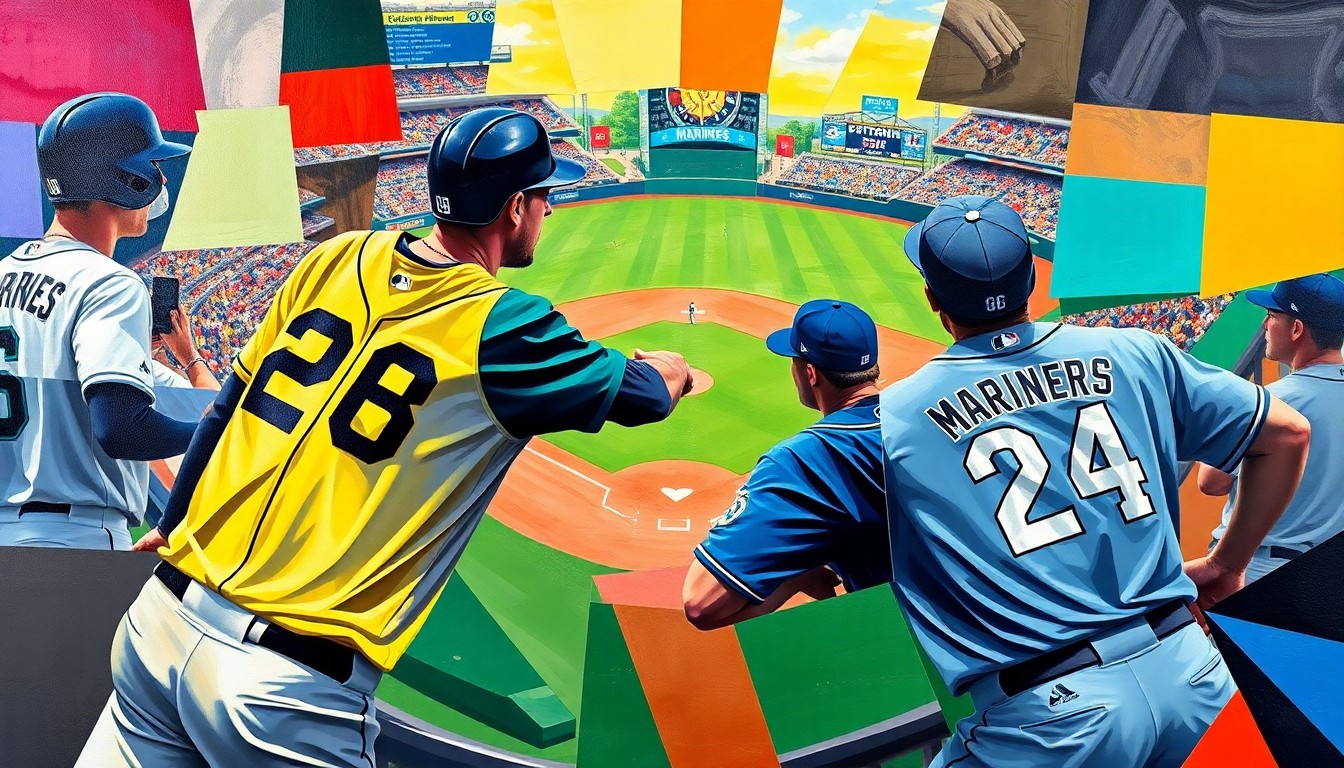 A fractured, multi-perspective painting in vibrant colors, breaking down a baseball game between the Padres and Mariners into sharp, overlapping geometric shapes and planes, capturing the dynamic energy of the sport.