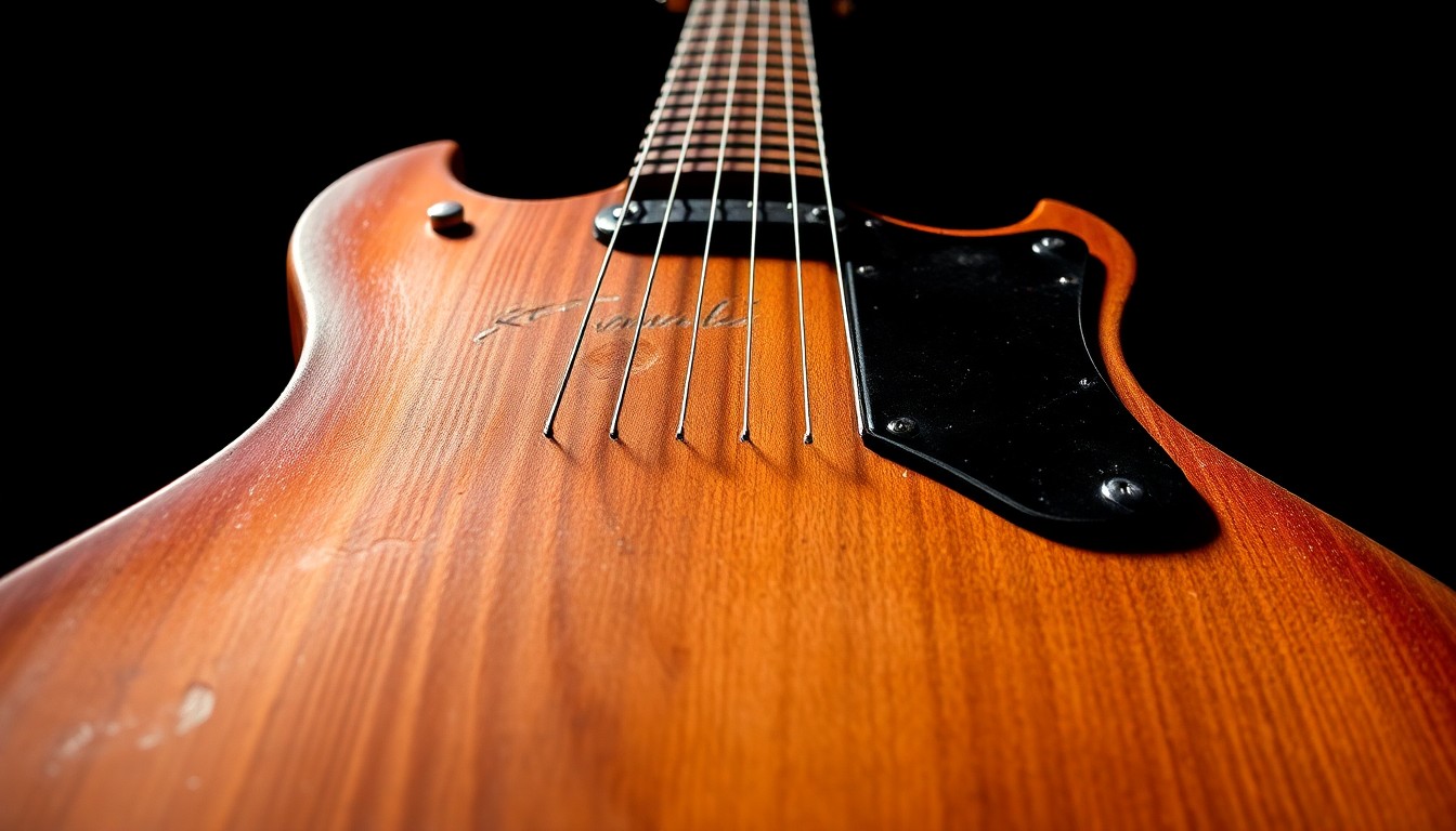 An extreme close-up photograph of the worn, textured surface of a vintage Rickenbacker guitar, capturing the tactile, high-contrast details of the instrument's aged wood and metal hardware in a conceptual representation of the historic guitar's connection to George Harrison's visit to Benton, Illinois.
