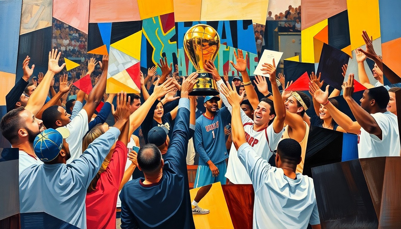 A cubist, geometric painting depicting a fragmented, multi-angled view of a college basketball championship celebration, with sharp planes of color and form representing the pressures and distractions that diminish the pure enjoyment of the achievement.