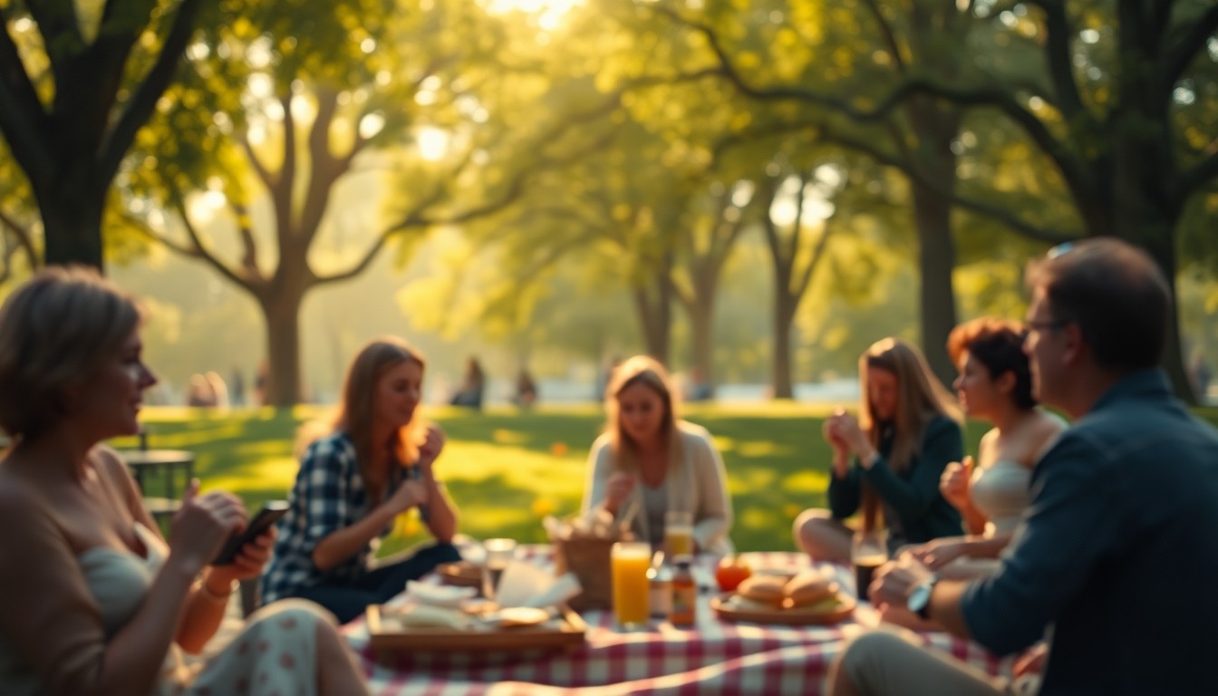 An abstract, out-of-focus photograph depicting the blurred silhouettes of people enjoying a picnic lunch in a park, with soft, warm light filtering through the trees and creating a dreamlike, nostalgic atmosphere.
