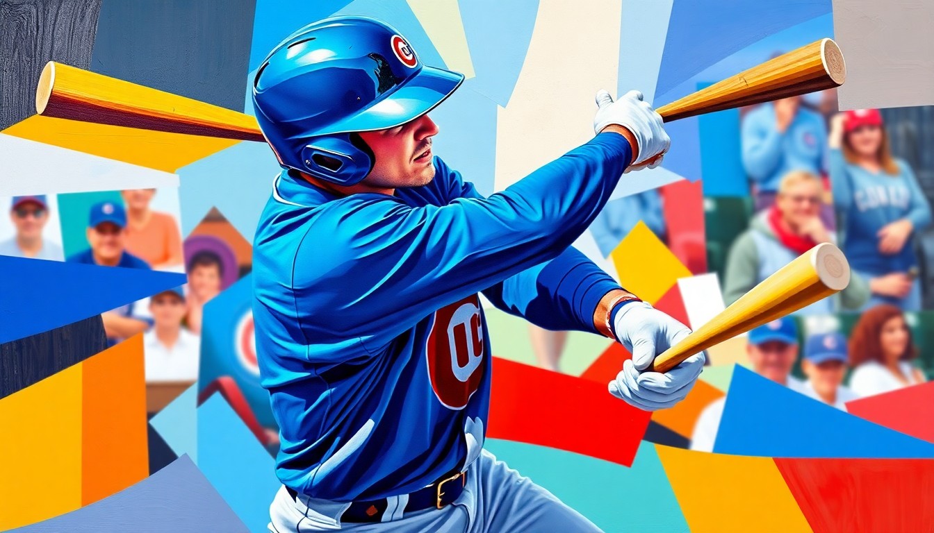 A fragmented, geometric painting depicting a baseball player in mid-swing, surrounded by overlapping planes of bright blue and red, conveying the power and motion of the home run swing.