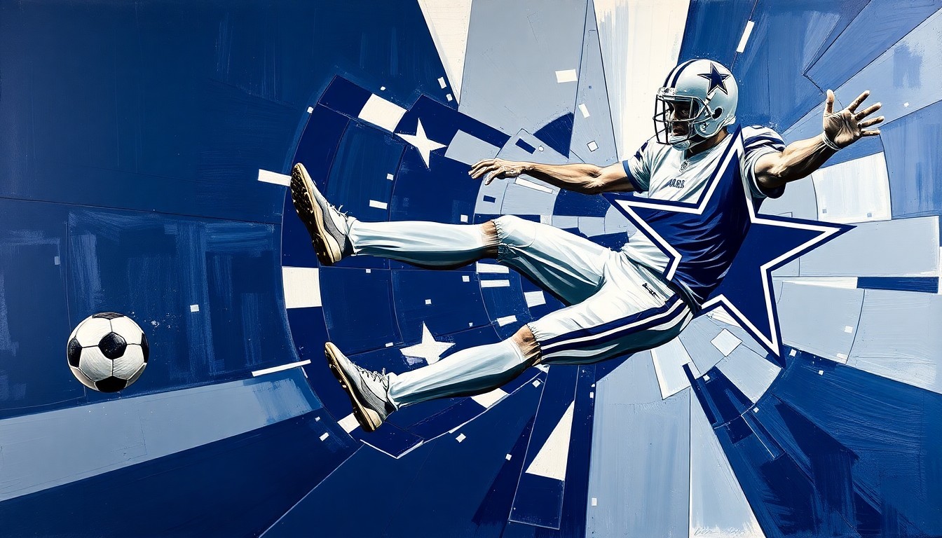 A cubist-style painting depicting a football kicker's motion and the Dallas Cowboys logo broken down into sharp, overlapping geometric shapes and planes in navy blue, silver, and white, conveying the dynamic energy of an NFL field goal attempt.