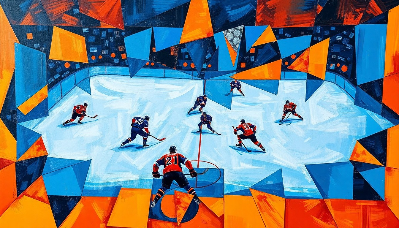 A cubist, geometric painting depicting a fragmented hockey game, with players and the ice represented as angular, overlapping shapes in a vibrant color palette.