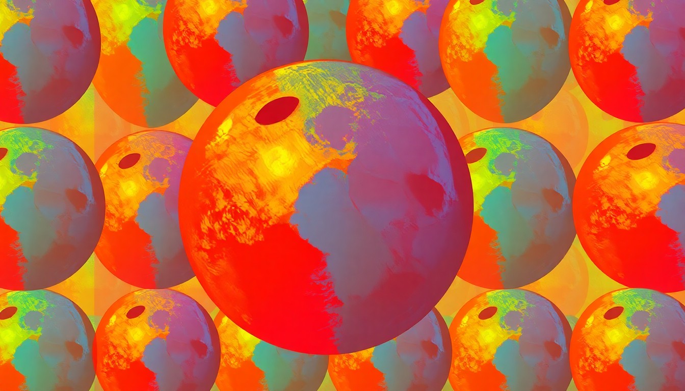 A bold, vibrant silkscreen print featuring a repeated image of a vintage bowling ball in neon shades of blue, green, and pink, conceptually representing the addition of a bowling alley to the redeveloped property.