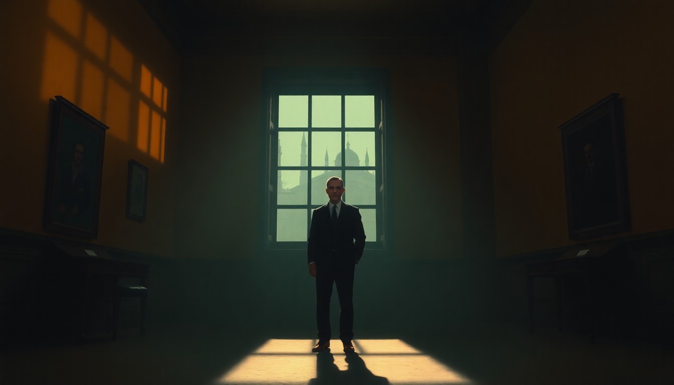 A pensive, solitary figure stands in a dimly lit government office, the warm light casting deep shadows and creating a contemplative, cinematic mood, reflecting the diplomatic tensions behind Italy's suspension of defense ties with Israel.