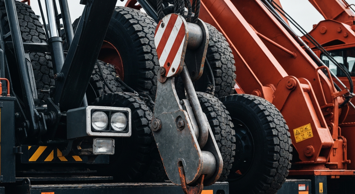 An extreme close-up photograph of industrial machinery and tools used in the auto/tires/trucks sector, conveying a sense of the industry's functional power and technical complexity.