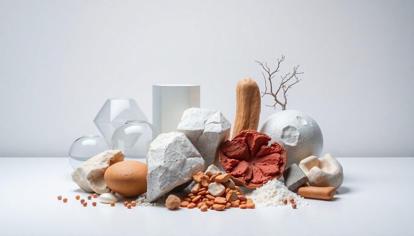 A minimalist studio still life featuring a collection of smooth, geometric shapes and raw materials arranged in a clean, elegant composition, symbolizing the complex biological processes and therapeutic approaches involved in treating fibrotic diseases.