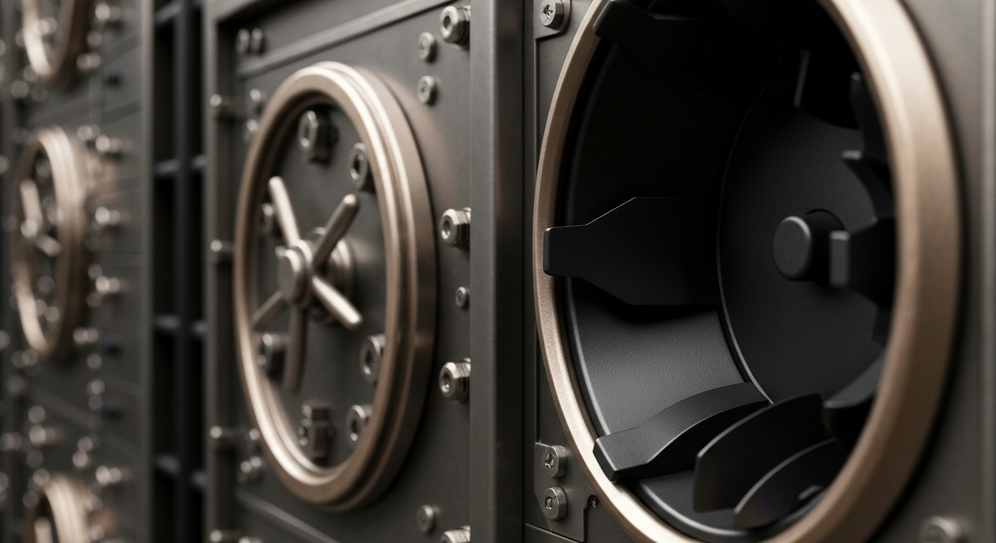 An extreme close-up photograph of heavy, industrial banking equipment and machinery in shades of steel grey, bronze, and black, conceptually representing the physical assets and institutional infrastructure that support major financial services companies.