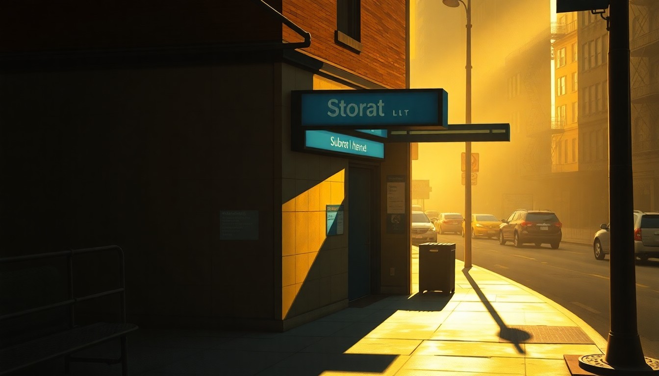 A photorealistic painting of a solitary subway entrance on a Manhattan street corner, with warm sunlight casting long shadows across the scene, conveying a sense of urban nostalgia and the importance of public transit investment.