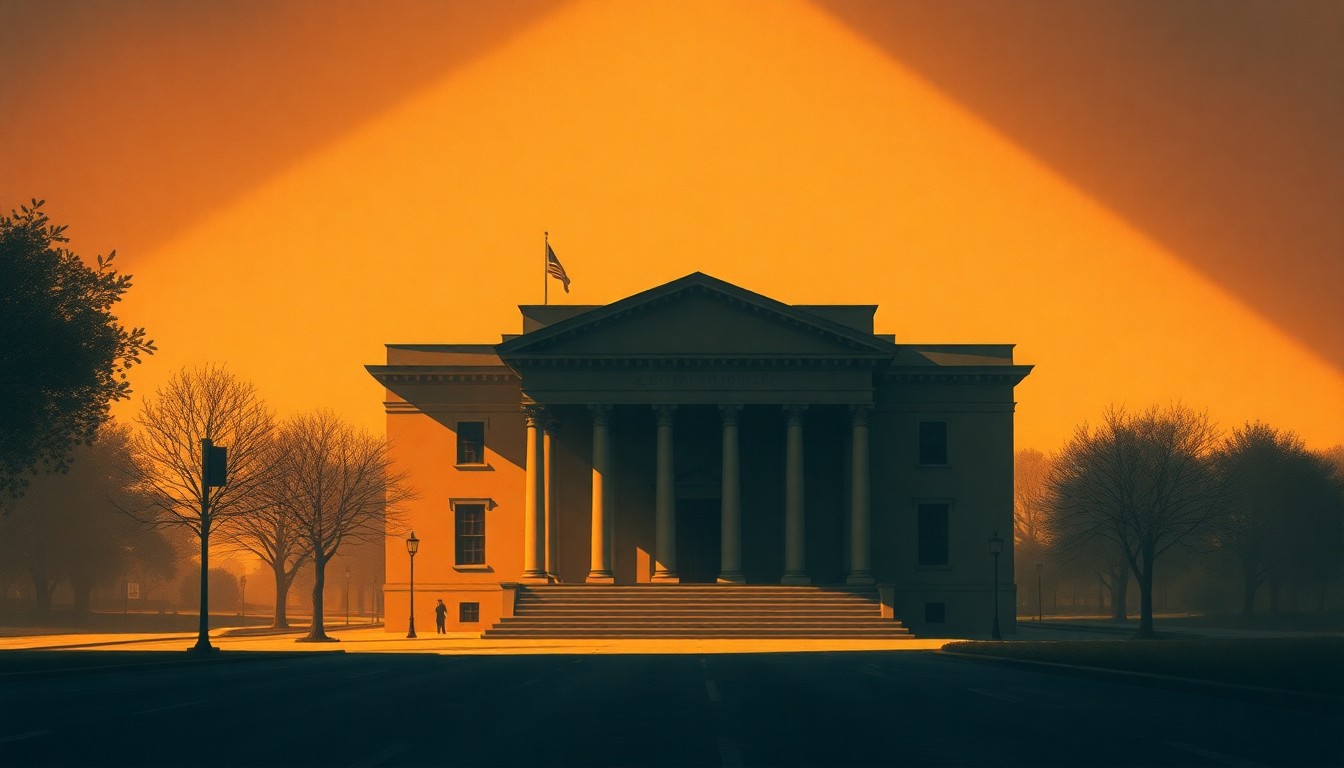 A serene, nostalgic painting of a dimly lit government building or city council chamber, with warm sunlight streaming through the windows and deep shadows casting a contemplative mood.