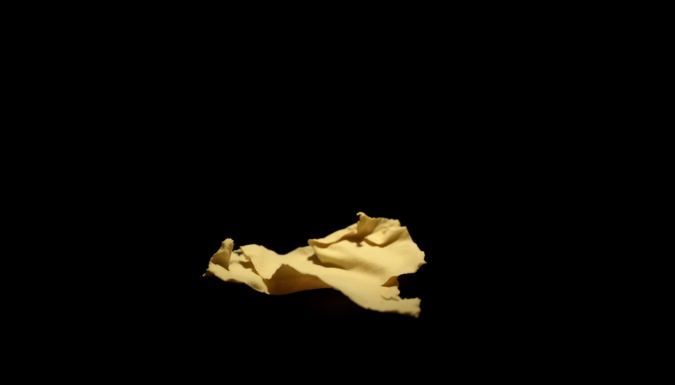 An extreme close-up photograph of a torn piece of fabric or broken object related to the Ella Mae Begay disappearance case, lit by a harsh, direct camera flash against a pitch-black background, creating a stark, investigative aesthetic.