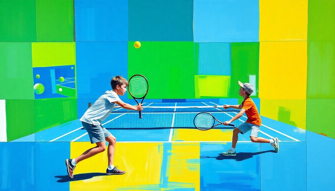 A vibrant, cubist-style painting depicting a boys tennis match broken down into sharp, overlapping geometric shapes and planes of color, conveying the dynamic energy and competition of the sport.