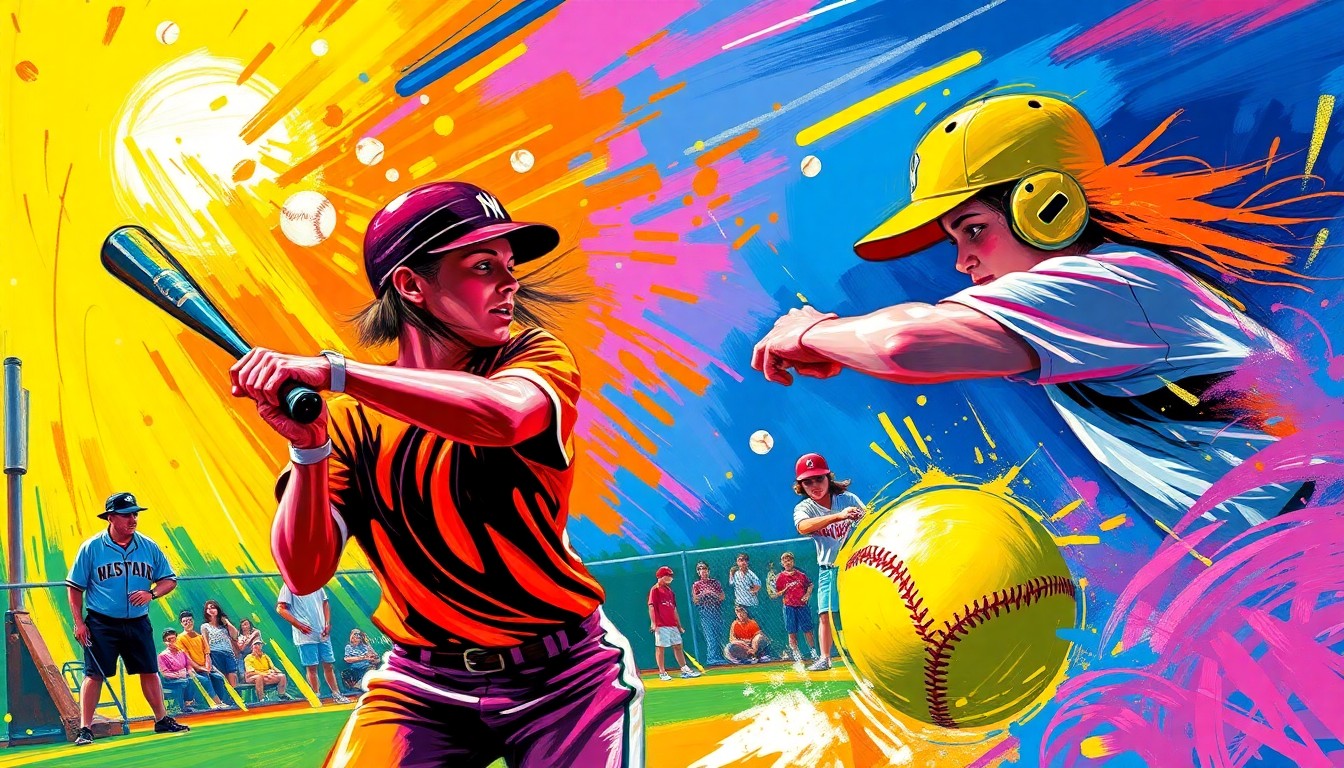 An abstract painting featuring bold, neon-colored brushstrokes that convey the dynamic energy and intensity of a high school softball game.