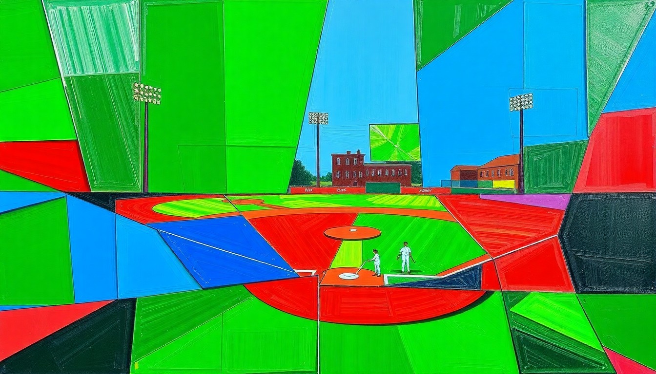 A vibrant, geometric painting featuring overlapping planes of green, blue, and red, conceptually representing the dynamic action and energy of a high school softball game.
