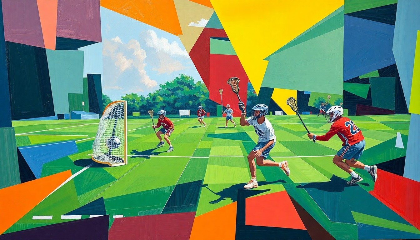 A fragmented, geometric painting depicting a boys lacrosse game, with sharp planes of color representing the players, field, and equipment in an abstract, deconstructed style.