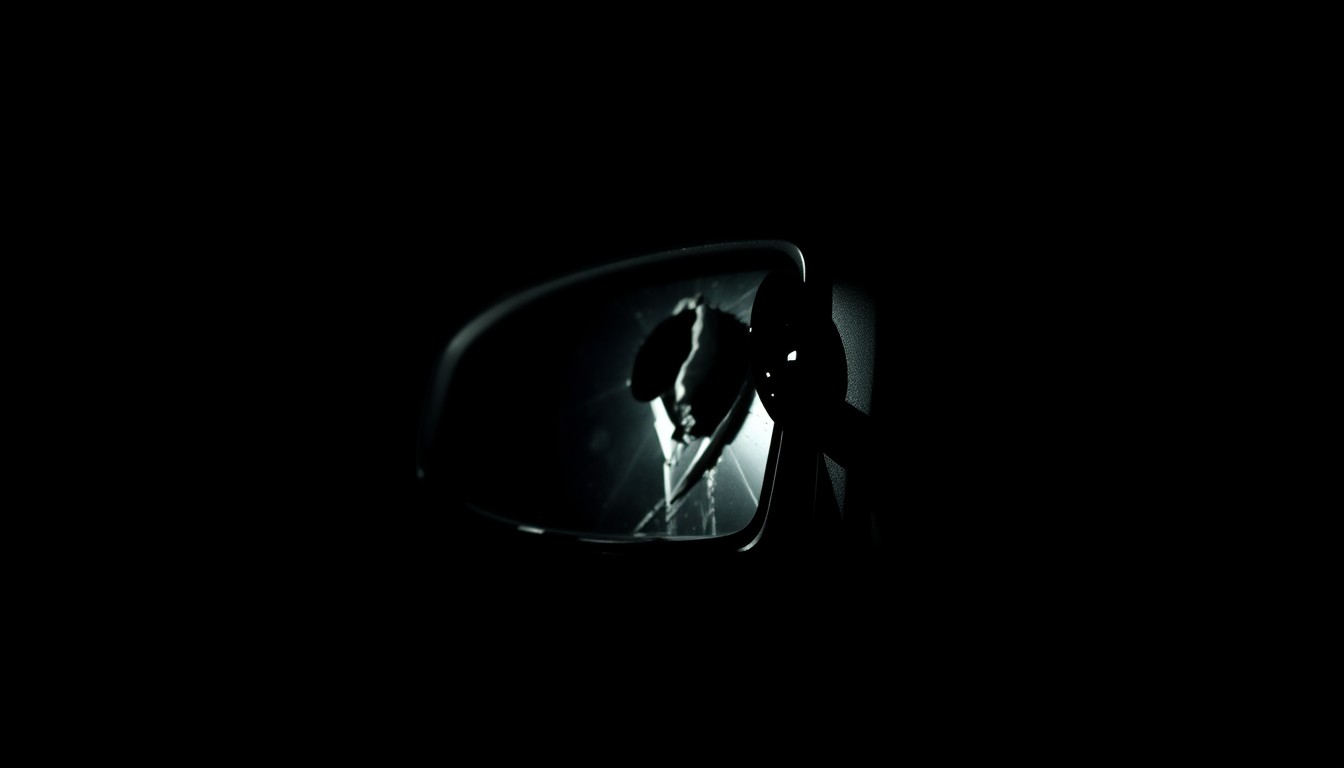An extreme close-up photograph of a damaged car part, such as a broken side mirror or cracked windshield, lit by a harsh, direct camera flash against a pitch-black background, conceptually illustrating the aftermath of a collision with a large animal.