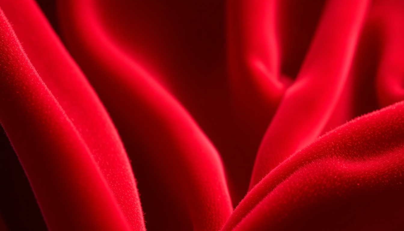 An extreme close-up photograph of lush, deep red velvet fabric, lit with dramatic studio lighting to create a glamorous, high-fashion aesthetic.