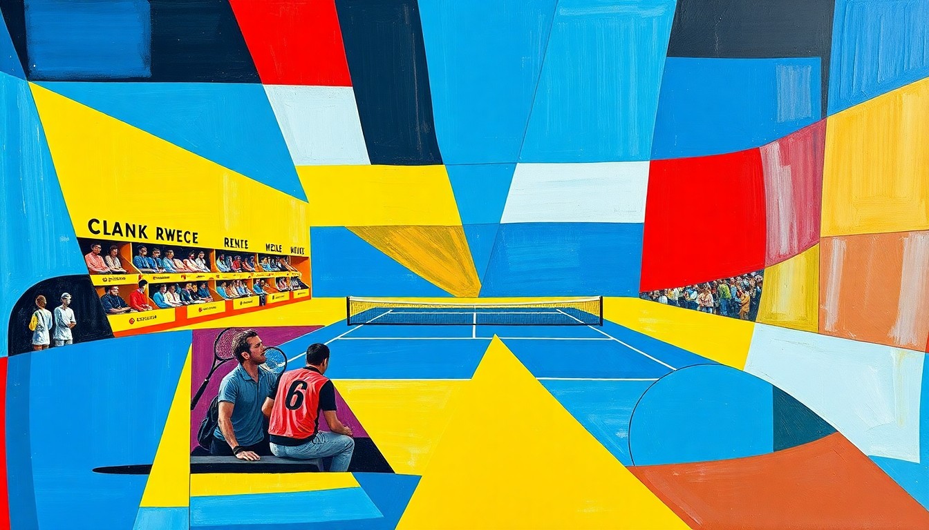 A cubist-style painting featuring overlapping geometric shapes in bright blue, yellow, and red, capturing the dynamic movement and energy of a college tennis match.