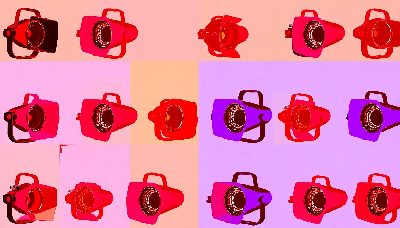A brightly colored, high-contrast silkscreen-style illustration featuring multiple images of a theater lighting instrument, such as a Fresnel spotlight or LED par can, repeated in a grid pattern with vibrant neon colors and heavy black outlines, conceptually representing the technical and artistic elements of stage lighting design.