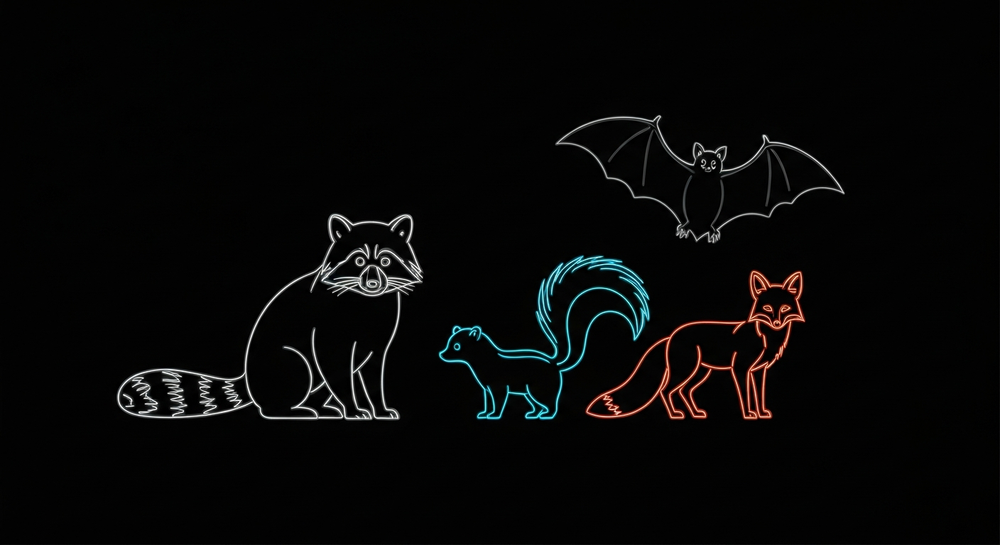 A minimalist design featuring glowing neon outlines of a raccoon, skunk, bat, and fox against a dark background, conceptually representing the need to be vigilant around wild animals that can transmit rabies.