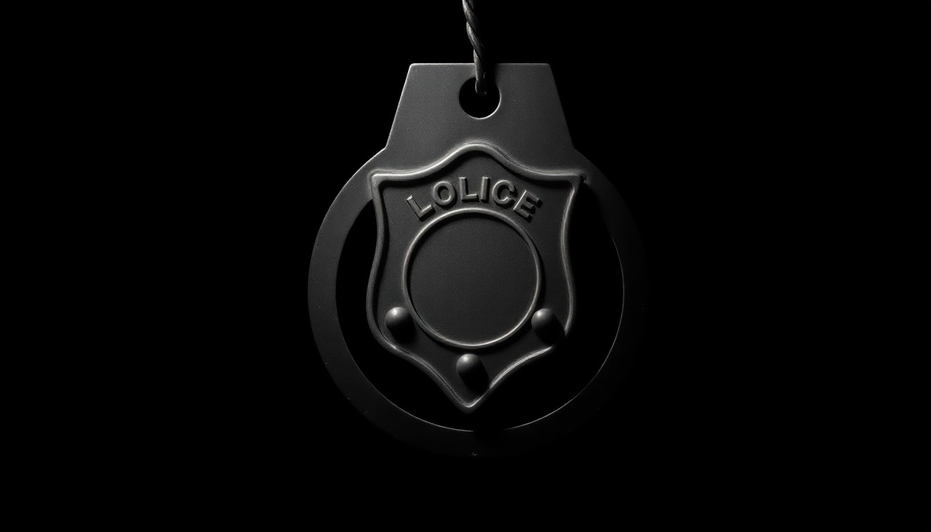 An extreme close-up photograph of a law enforcement badge or handcuff against a pitch-black background, lit by a harsh, direct camera flash, conceptually representing the stark, gritty investigation into an ICE agent's alleged misconduct.