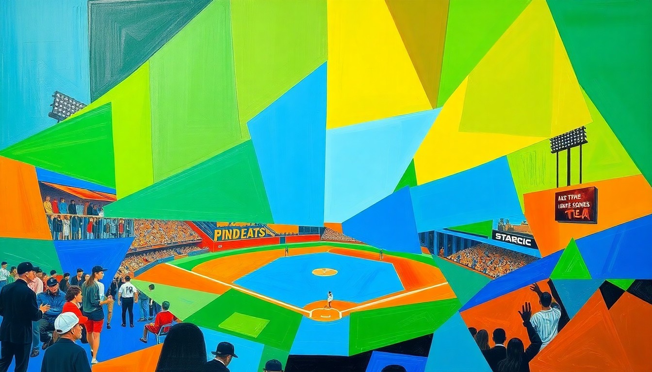 A fragmented, geometric painting depicting the dynamic action of a high school baseball game, with bold colors and sharp, angular shapes representing the intensity of the competition.