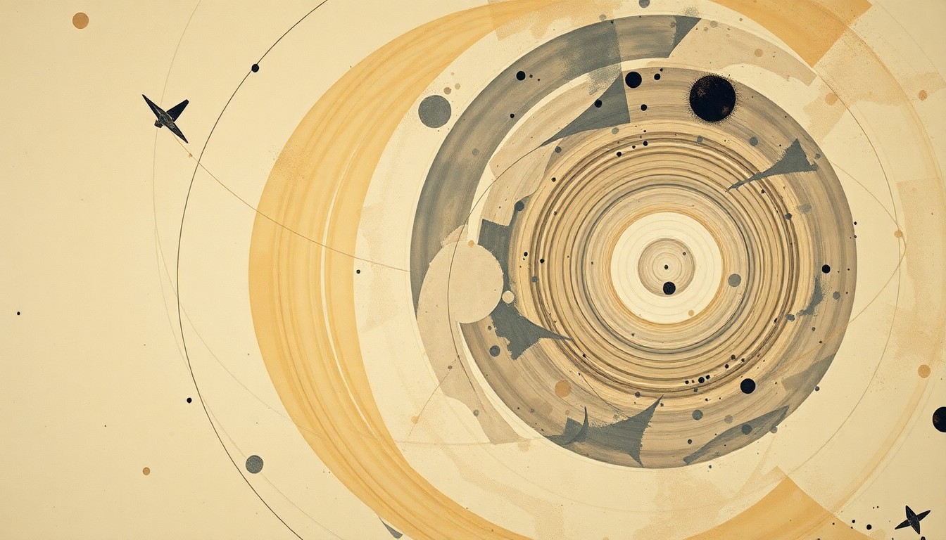 A bold, abstract painting in earthy tones featuring sweeping geometric arcs, concentric circles, and precise spirals, conceptually representing the complex forces and concepts of the Artemis II mission to the moon.