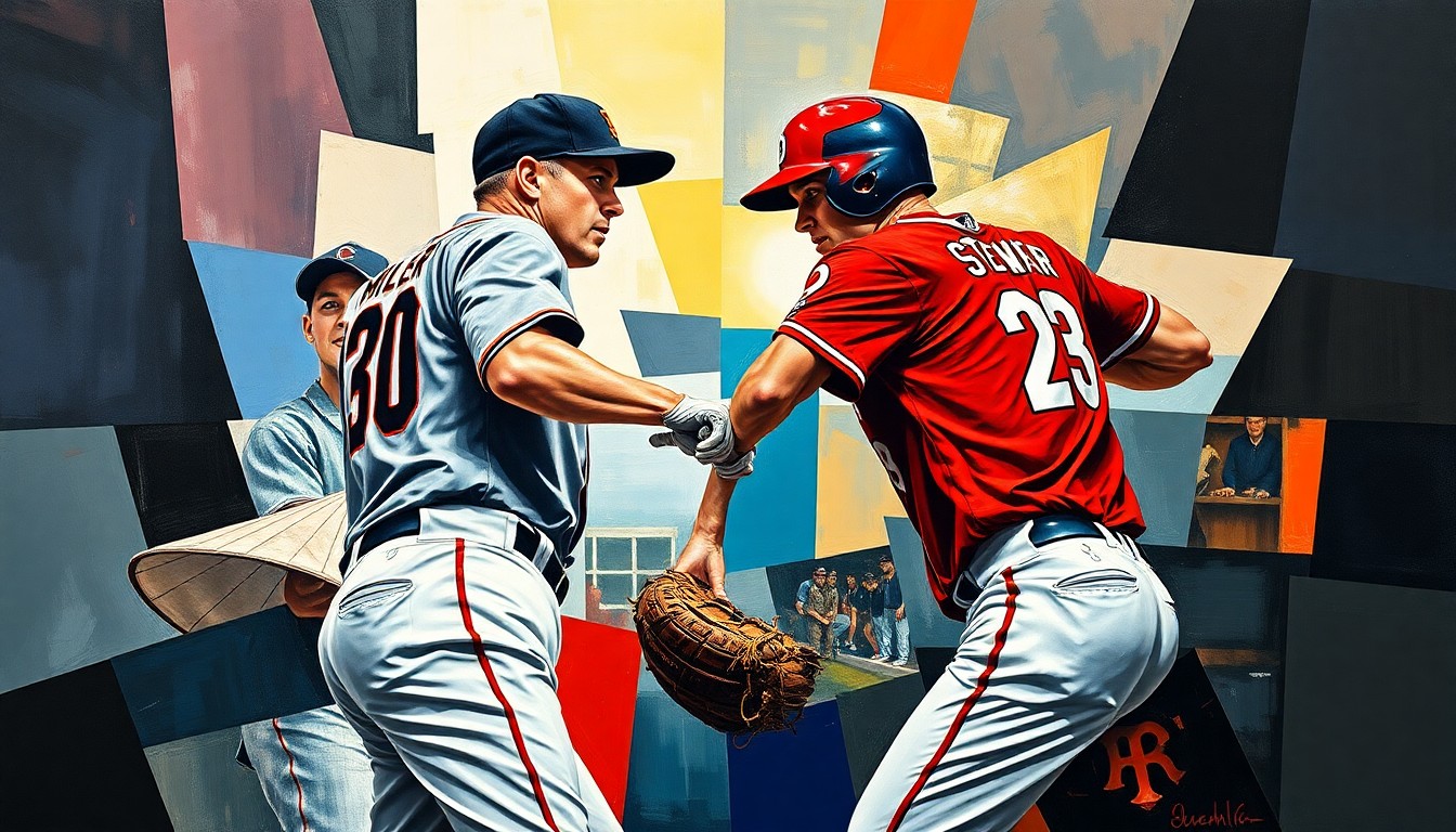 A fractured, geometric painting depicting the confrontation between two baseball players, with sharp, overlapping shapes and planes representing the raw energy and competitiveness of the moment.