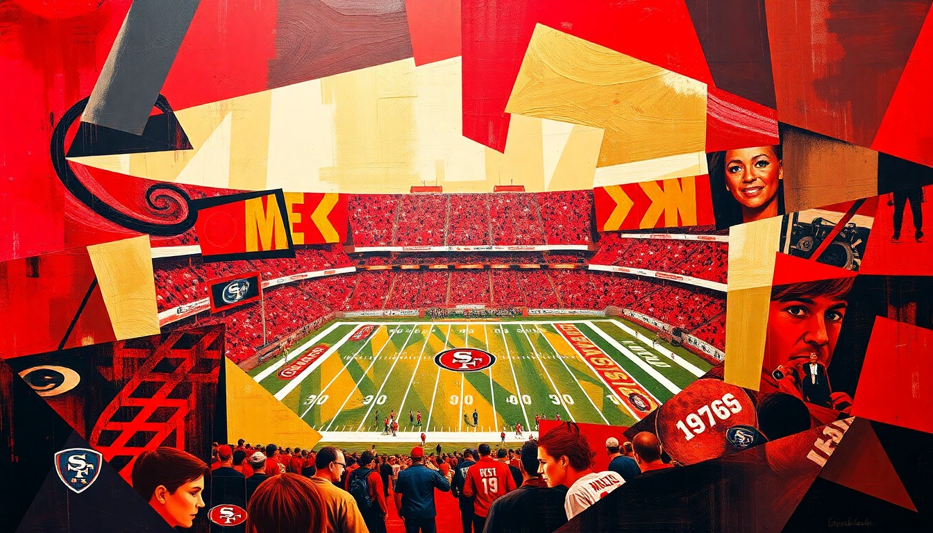 A fragmented, geometric painting depicting a 49ers football game, with sharp planes of red, gold, and black representing the team's emphasis on the trenches in the upcoming draft.
