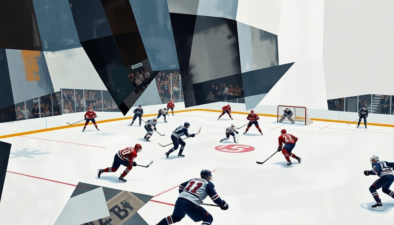 A cubist, geometric painting depicting the chaotic action of a hockey game, with players and the ice surface broken down into sharp, overlapping planes of color and form, conveying a sense of motion and intensity.